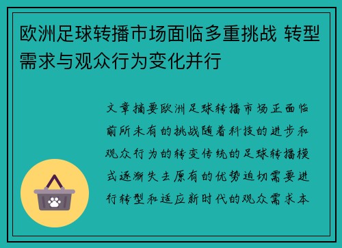 欧洲足球转播市场面临多重挑战 转型需求与观众行为变化并行